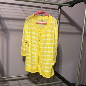 Yellow and white stripped button down sweater with 3/4 sleeves
